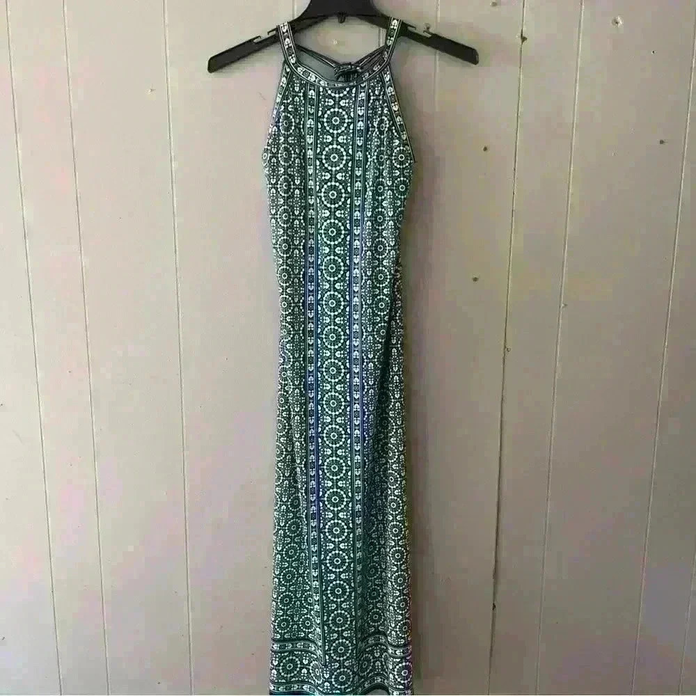Max Studio Green Blue  Knit Print Stretch  Sleeveless Dress Medium Halter